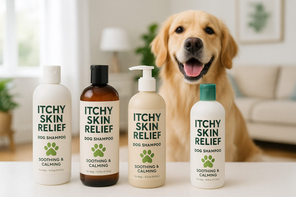 Best dog shampoos for itchy skin relief - professional product showcase with happy golden retriever
