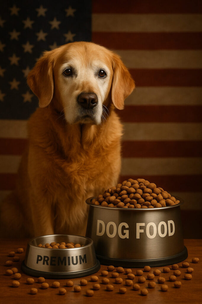 Senior golden retriever with gray muzzle next to healthy dog food bowls representing affordable senior dog nutrition in the United States