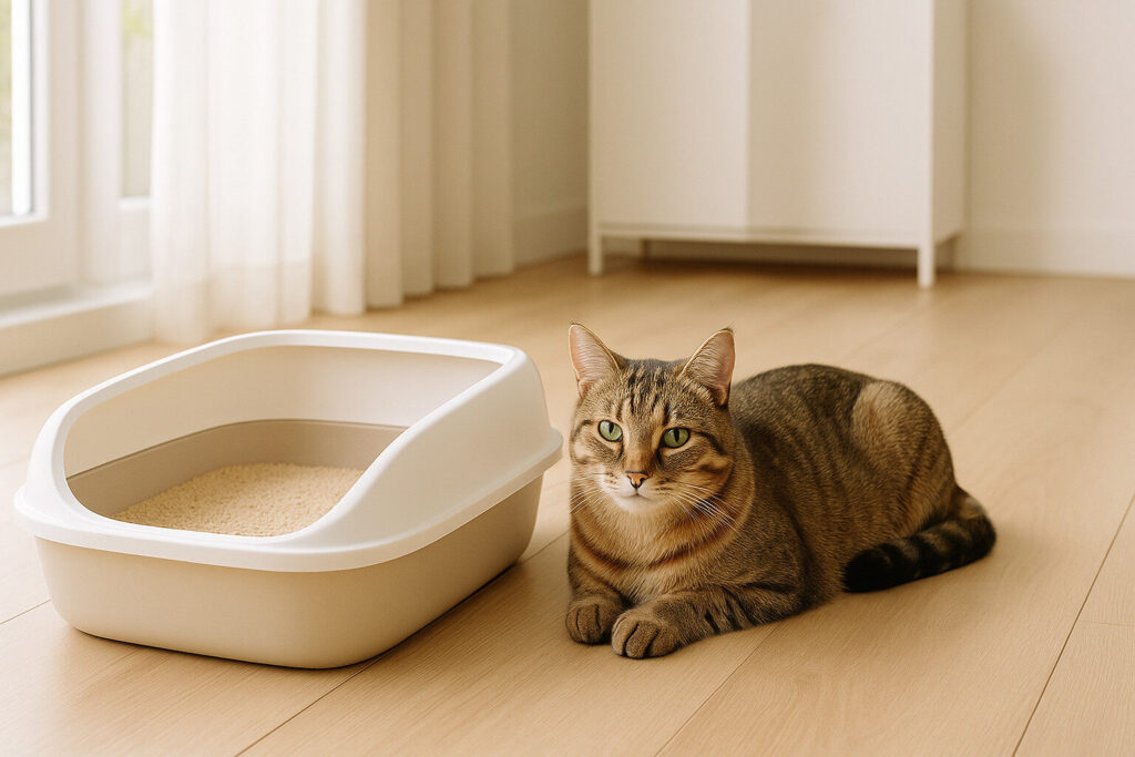 cat sleeping in litter box